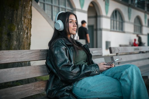 A woman in a leather jacket listens to music on a city bench in Vancouver.