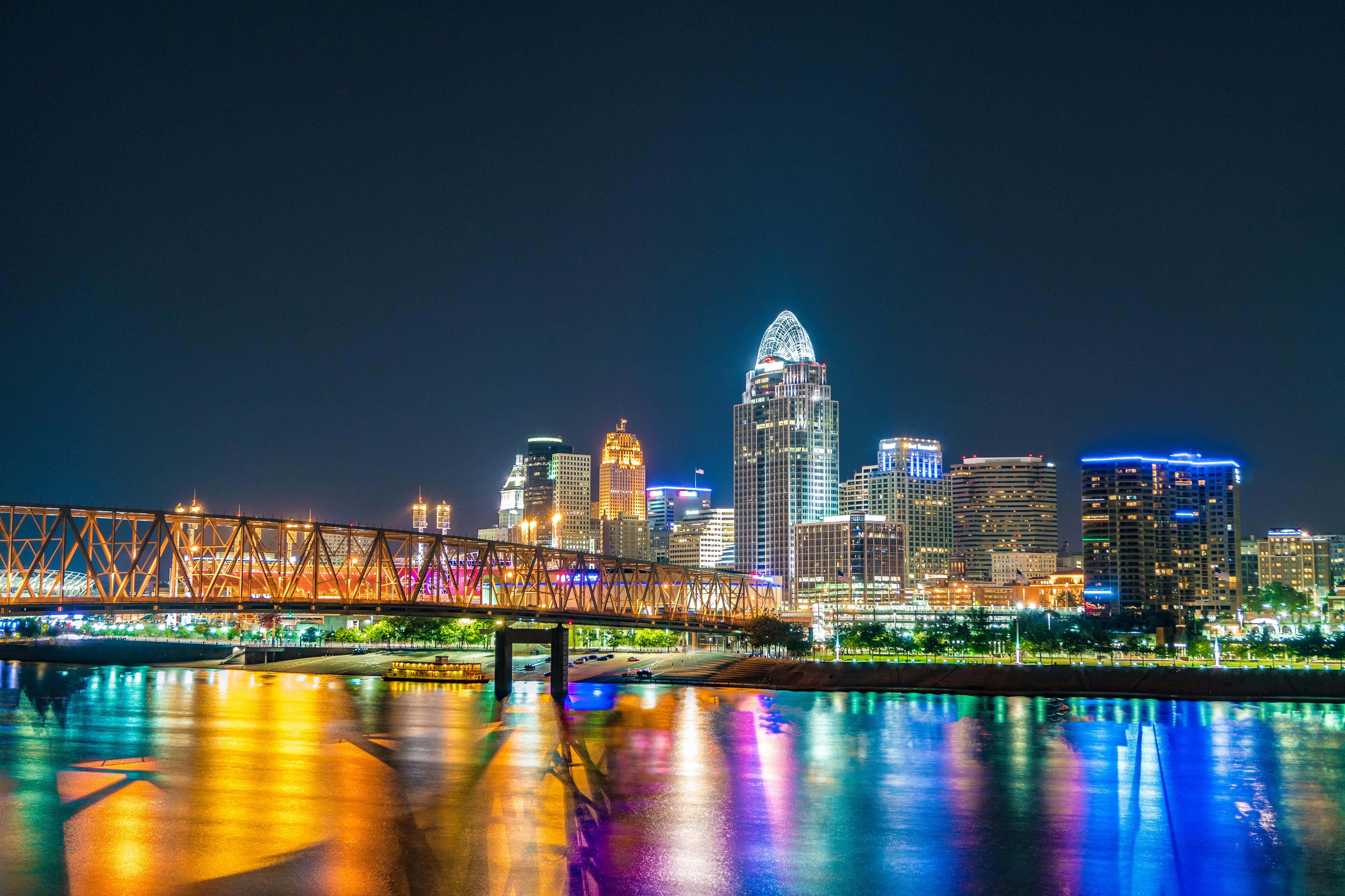 photo of lighted buildings near river