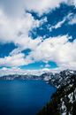 火山口湖四周环绕着白雪皑皑的山脉和蓝天，景色令人惊叹