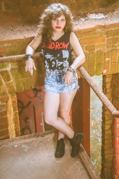 Model with punk style poses in urban ruin, showcasing edgy fashion trends.