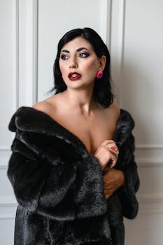 Sophisticated woman in a luxurious black fur coat showcasing elegant style and bold makeup.