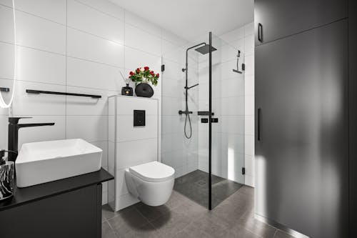 A black and white bathroom with a toilet, sink and shower
