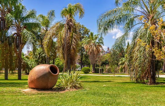 Scenic view of palm trees and a clay vase in a sunny park in Valencia, Spain.