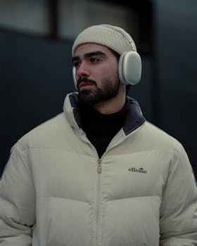 Stylish urban man with headphones in warm winter clothing posing outdoors, embracing street fashion creativity.