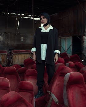 Elegant woman posing among red theater seats in a rustic, abandoned setting.