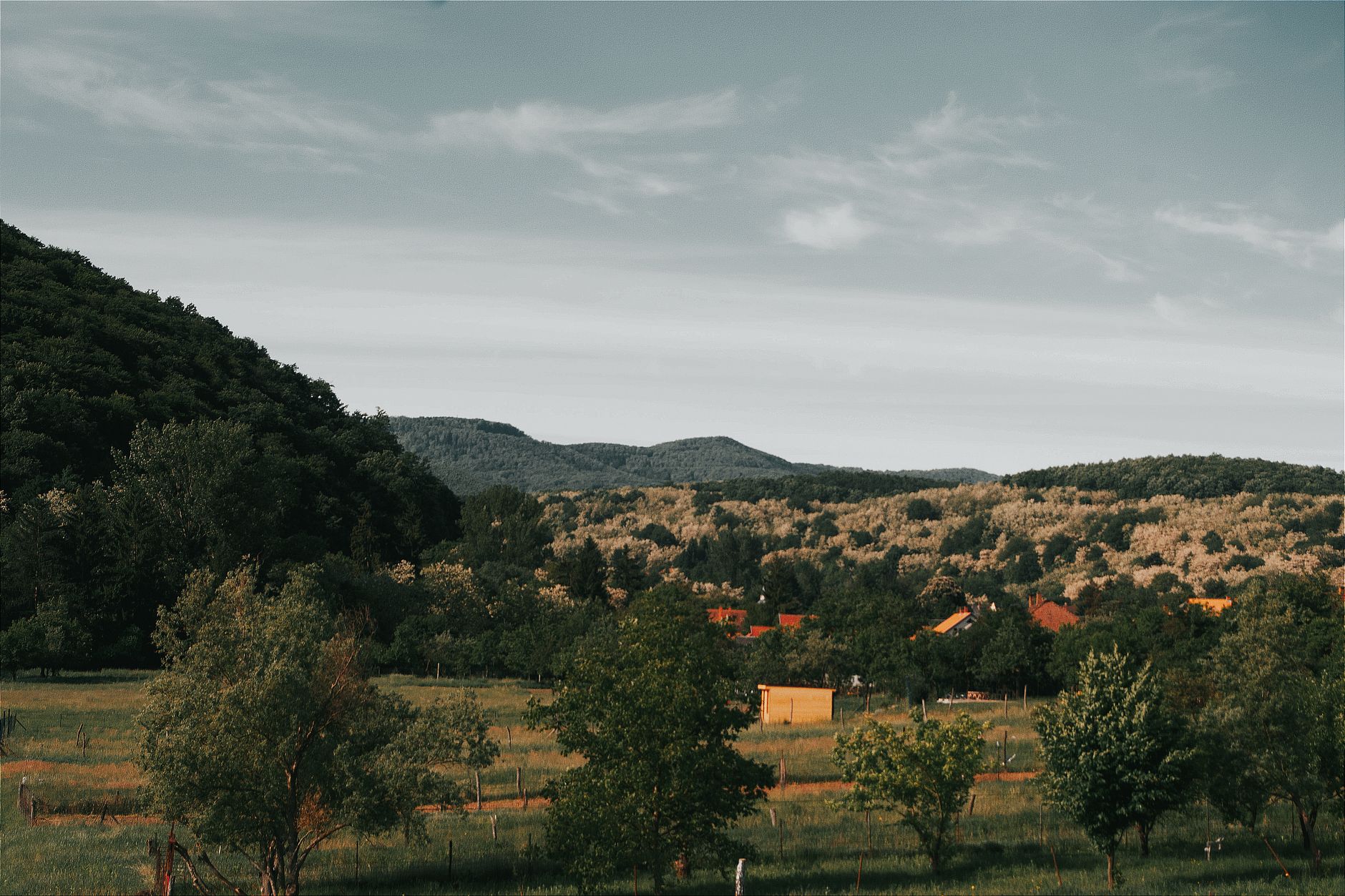 Serene landscape of rural Hungary with hills and trees under a clear sky.