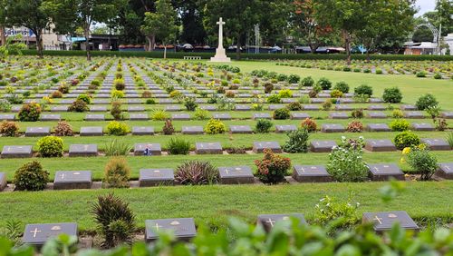 Free A tranquil view of war graves in Kanchanaburi's beautifully landscaped cemetery. Stock Photo