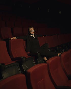 Stylish woman in a black suit posing confidently in an empty movie theater.