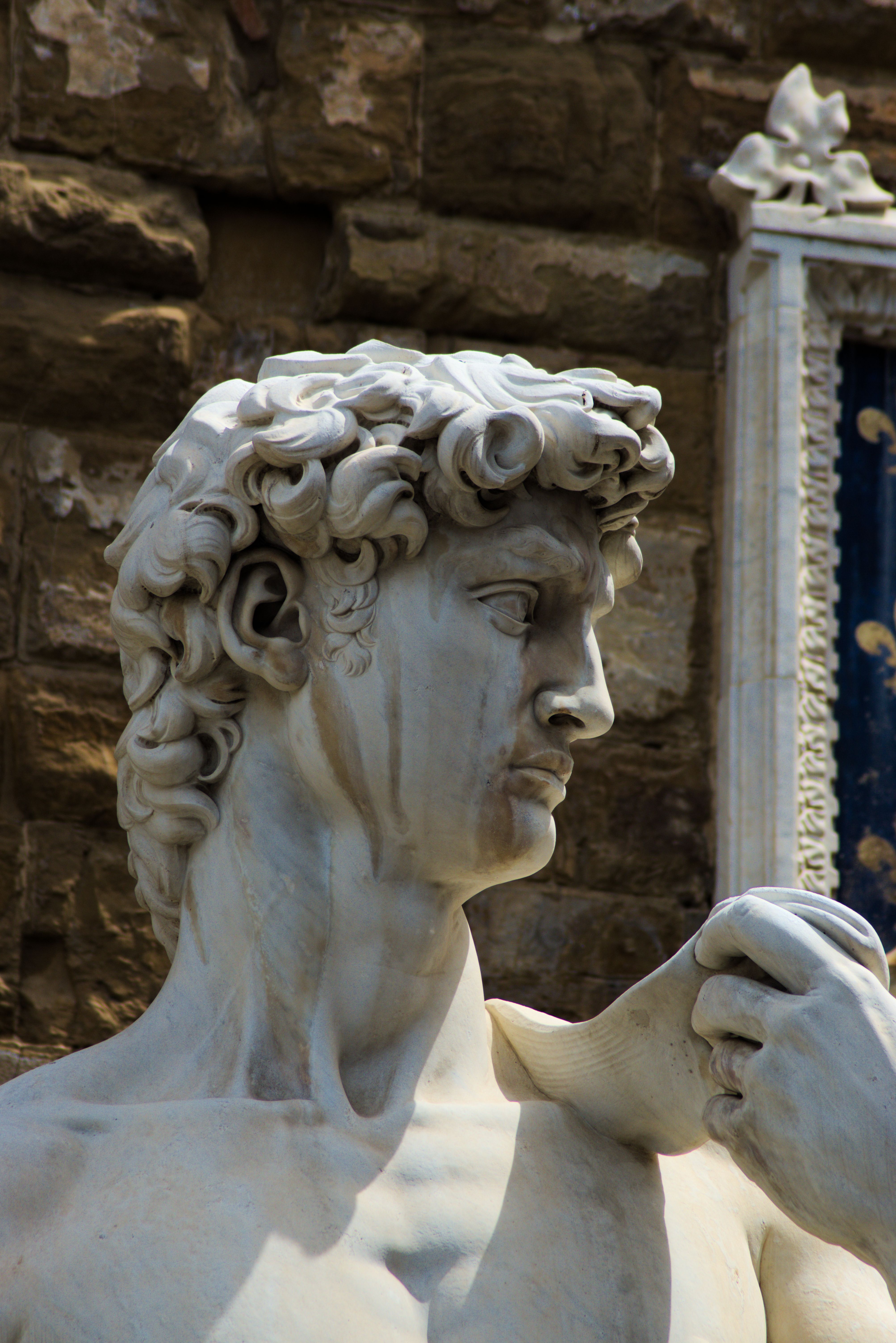 Detailed shot of Michelangelo's David statue in Florence, showcasing its intricate marble craftsmanship.