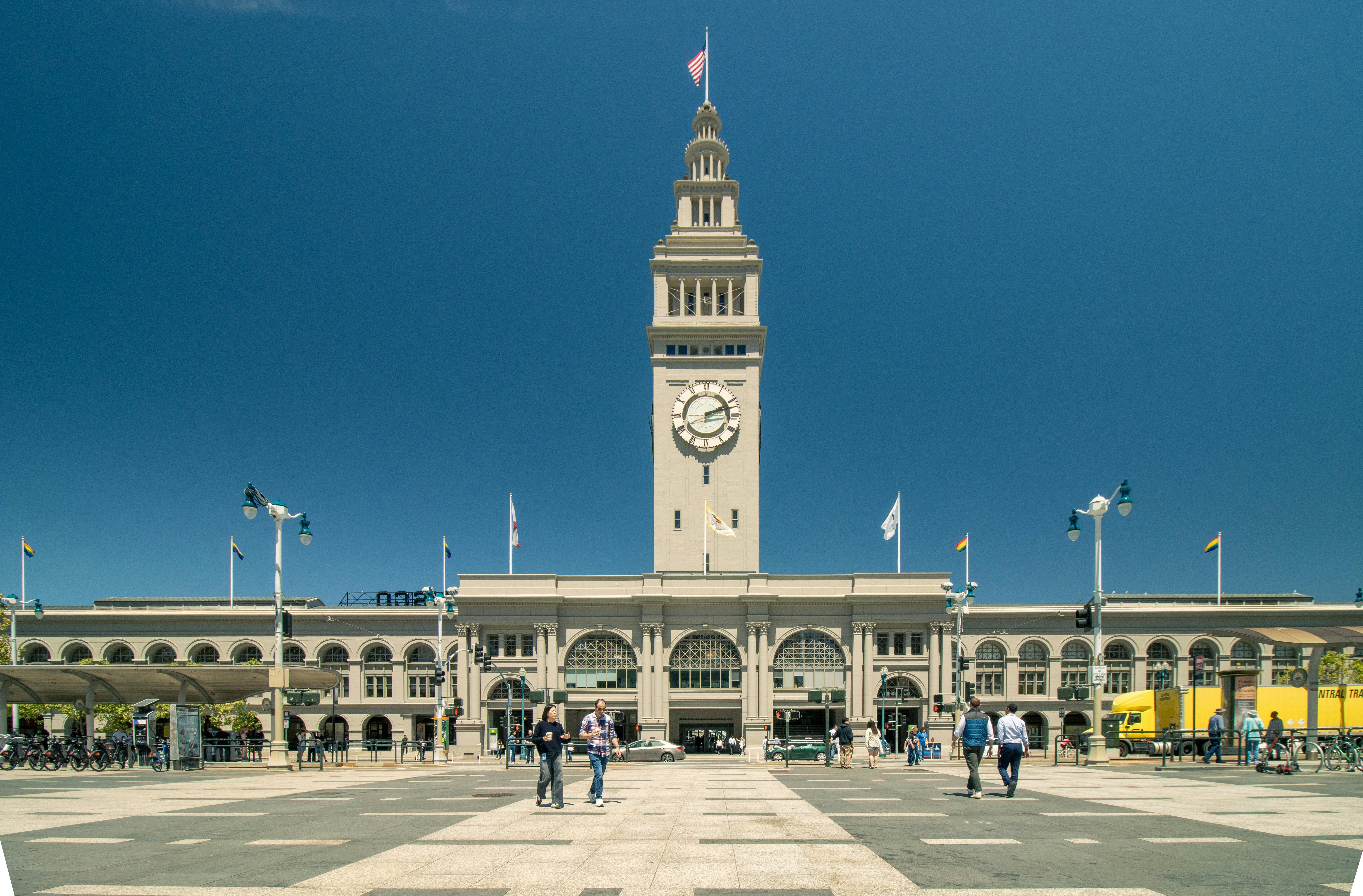 The Ferry Building on San Francisco’s Embarcadero under clear skies.