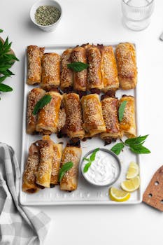 Top view of baked rolls with sesame, mint, and a side of dip on a white tray.