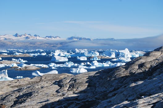 Breathtaking view of icebergs in Tiniteqilaaq, Greenland's fjord, under a clear blue sky.