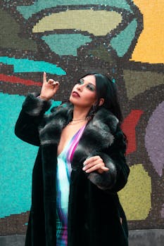 Fashionable woman in fur coat posing against vibrant mosaic wall outdoors.