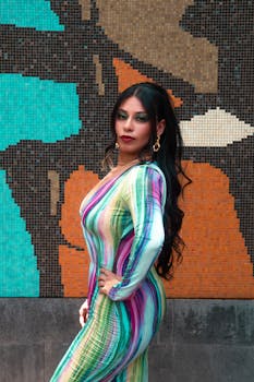 Model posing elegantly in vibrant dress against a mosaic wall.