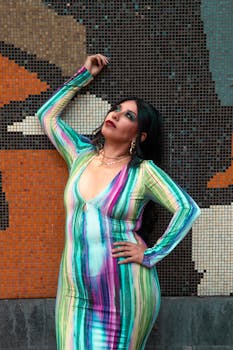 Stylish young woman in a vibrant dress posing in front of a colorful mosaic wall.