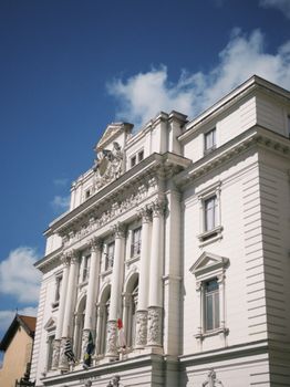 Elegant historic building facade in São Paulo, an iconic city landmark under blue skies.