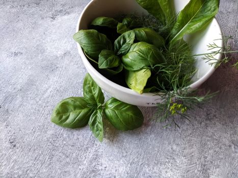 Close-up of fresh basil and herbs in a bowl on a gray background.