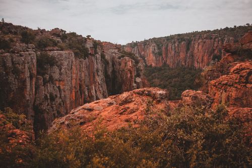 Free Explore the captivating red rock formations of this isolated canyon with lush greenery. Stock Photo