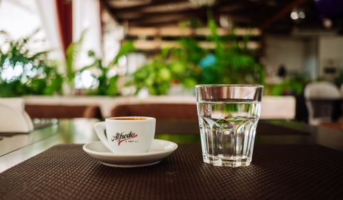 Free Espresso cup and water glass on a café table with lush greenery background in Sochi, Russia. Stock Photo