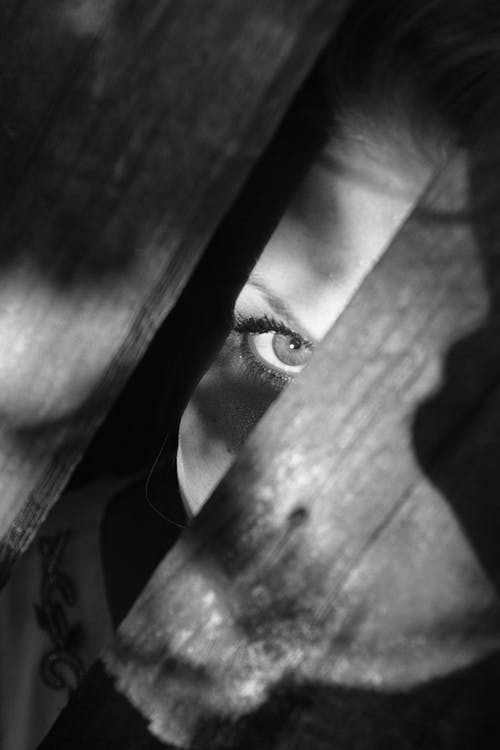 Free Grayscale Photo of Woman Peeking on Planks Stock Photo