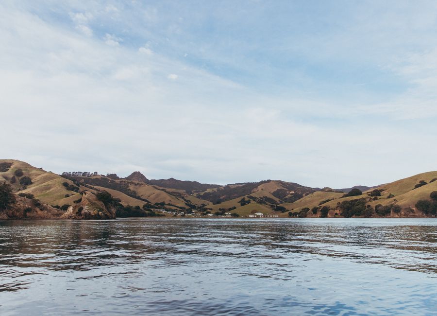 Peaceful landscape of hills and a lake in Kereta, Waikato, New Zealand.