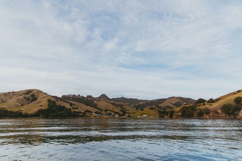Free Serene coastal landscape in Kereta, Waikato, featuring hills, ocean, and clear skies. Stock Photo