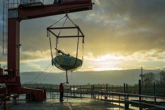 在港口充满活力的日落下，起重机吊起帆船，凸显了工业和海事主题