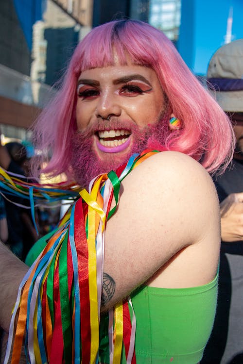 Man Wearing Pink Wig