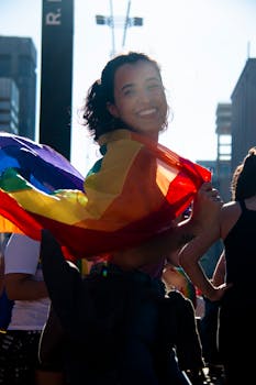 在圣保罗骄傲游行中，一名微笑的参与者挥舞着彩虹旗，庆祝多样性和包容性