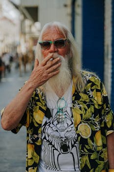 Elderly man with long white beard and sunglasses wearing a vibrant patterned shirt while smoking on a city street.
