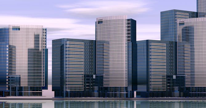 A cityscape with contemporary glass skyscrapers reflecting in water on a clear day.