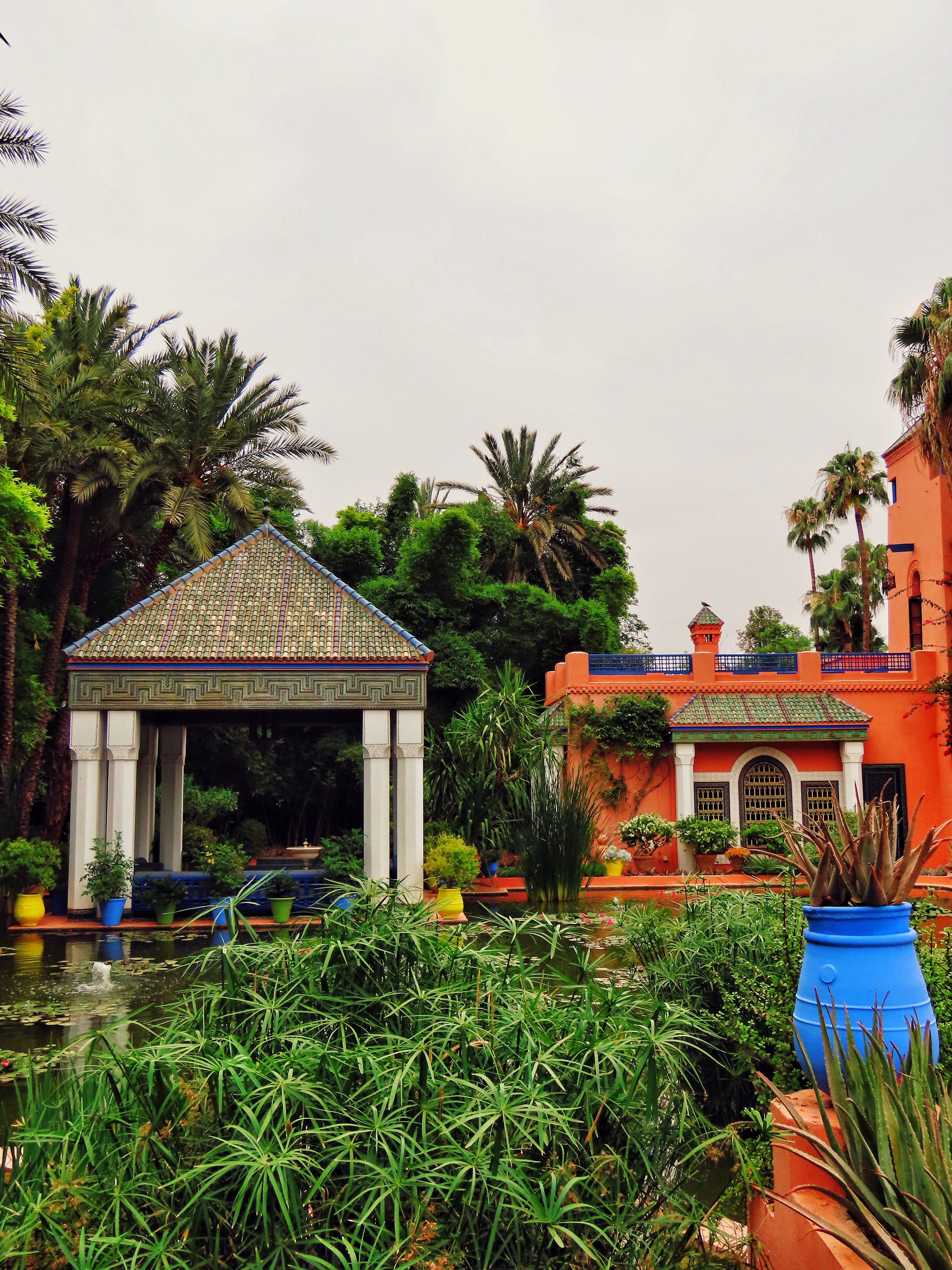 Colorful architecture and lush planting at Jardin Majorelle in Marrakech.