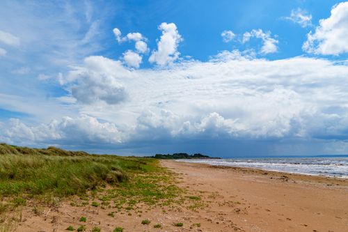 Free Tranquil beach scene with sandy shore, blue sky, and fluffy clouds. Perfect for summer vibes. Stock Photo