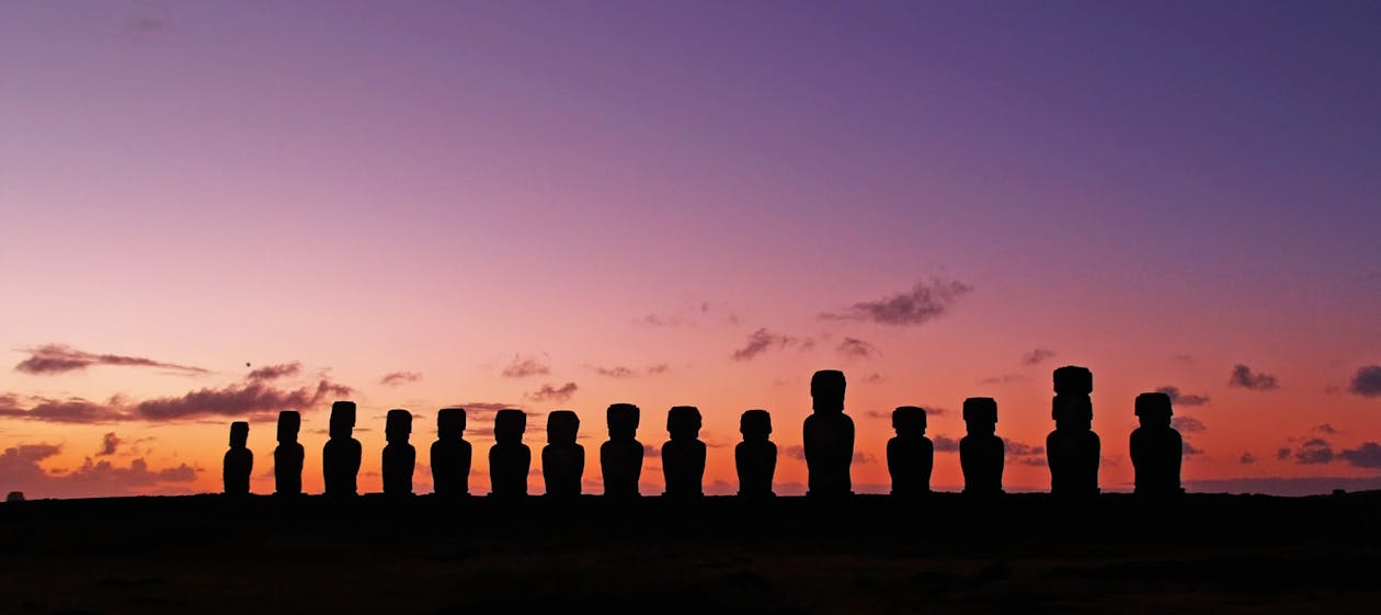 Panoramic Shot of Moai During Sunset