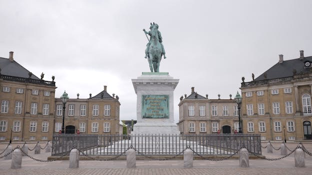 Bronze equestrian statue of King Frederick V at Amalienborg Palace, Copenhagen.