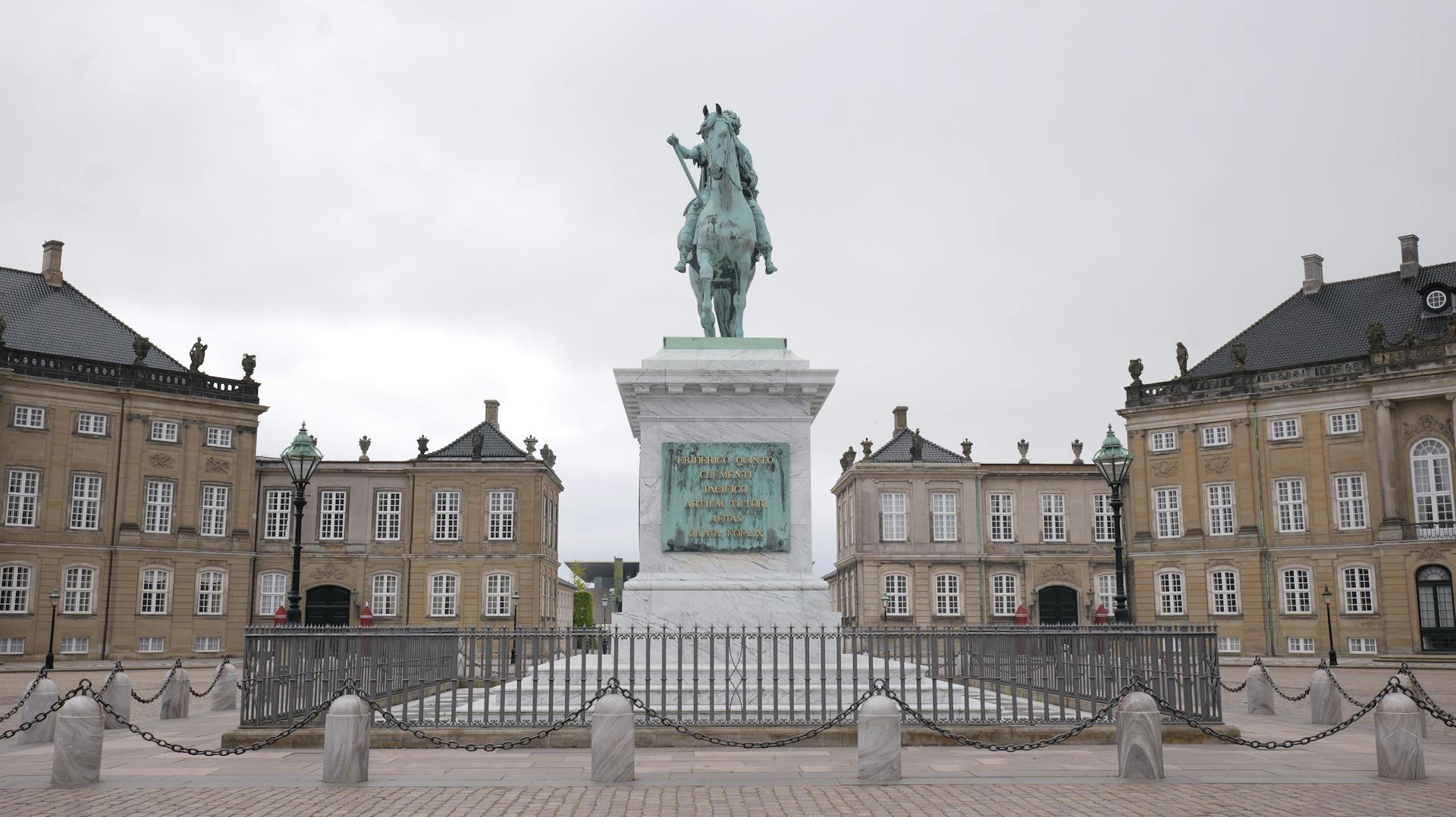 Bronze equestrian statue of King Frederick V at Amalienborg Palace, Copenhagen.