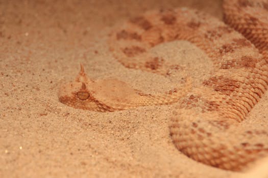 Detailed close-up of a sidewinder snake camouflaged in sandy desert sand.