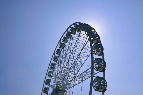 A large wheel with the sun shining behind it