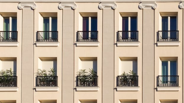 Elegant building exterior with classic windows and balconies adorned with plants.
