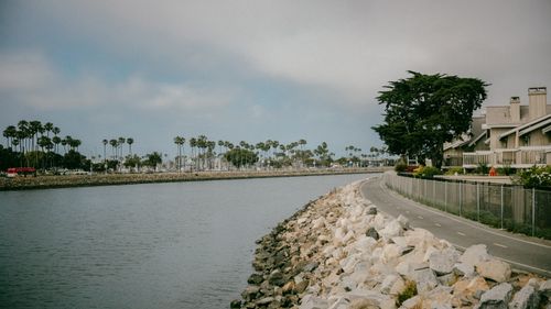 Free A picturesque riverside path lined with trees in a coastal urban setting. Stock Photo