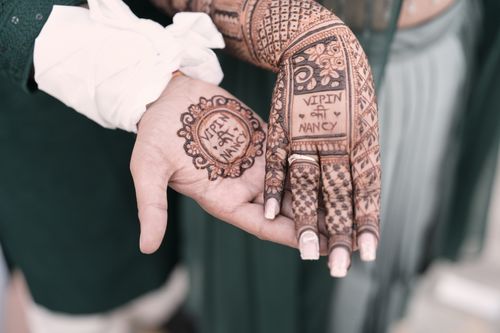 Free Close-up of henna tattoos on a couple's hands showcasing Indian wedding tradition. Stock Photo