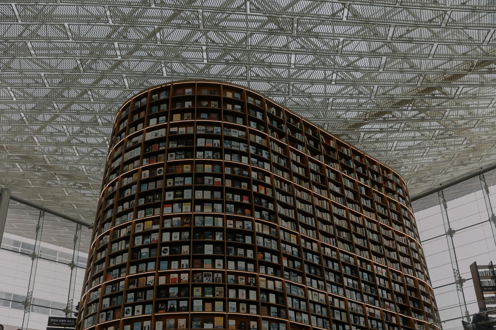 Discover the stunning design of a modern library with towering curved bookshelves.