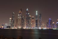 迪拜迷人的夜间景观，映照着明亮的天际线在海滨的倒影