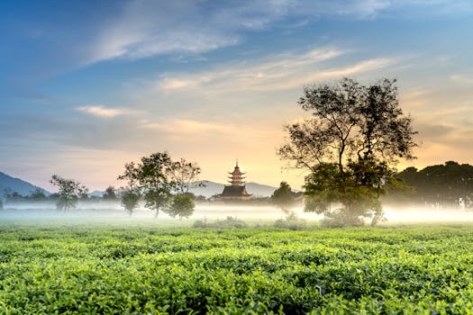 黎明时分，雾气朦胧的田野中有一座塔楼，宁静的风景捕捉到了大自然的美丽