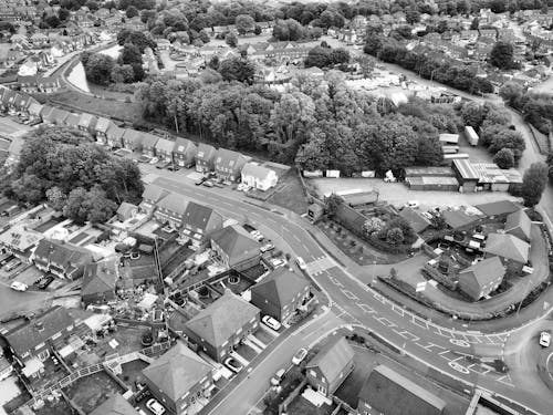Black and white aerial view of a town