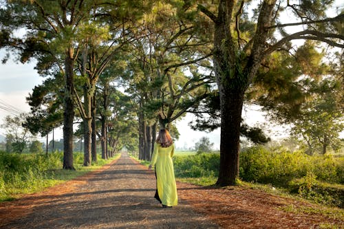 Woman Walking Between Trees