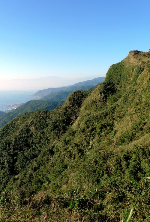 Free Breathtaking view of lush green mountains meeting the ocean under a clear blue sky. Stock Photo