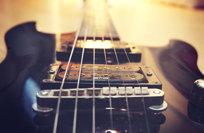 Guitar neck and frets close up