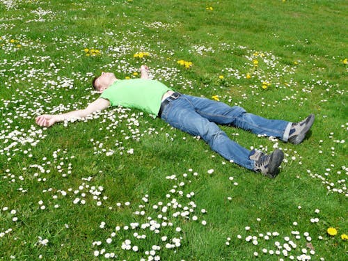 Hoge Hoekmening Van Liggen Op Gras