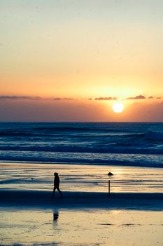 A person walks along Taranaki beach during a vibrant sunset in New Zealand.